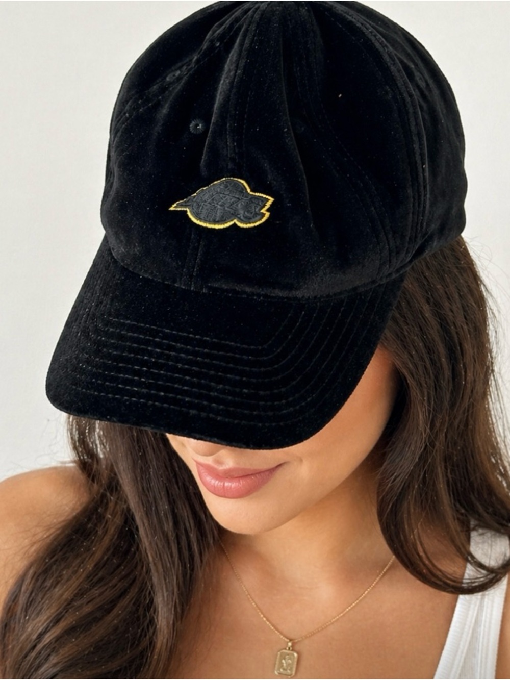 Black Velvet Baseball Cap with Gold-Trim Accent